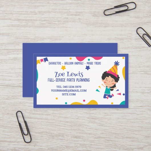 Carte De Visite Planificateur de la fête pour enfants (Devant/Arrière en situation)