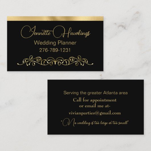 Carte De Visite Planificateur de mariage élégant noir et or (Devant / Derrière)