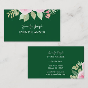 Carte De Visite Planificateur d'événement floral vert émeraude ros