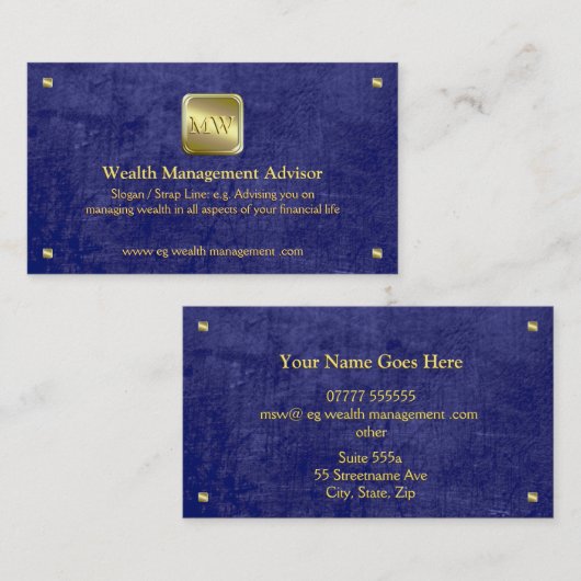 Carte De Visite Plaque d'identification or, look cuir bleu, Consei (Devant / Derrière)