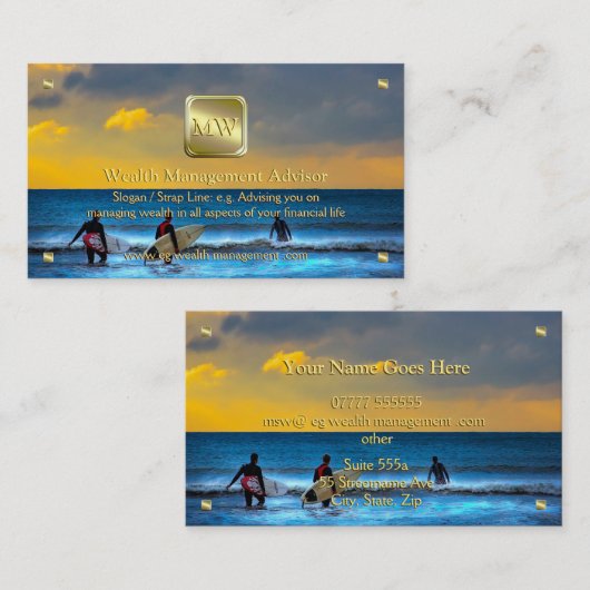 Carte De Visite Plaque d'identification or, Sunset Surfing, Consei (Devant / Derrière)