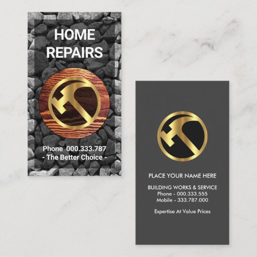 Carte De Visite Plaque en bois mural en pierre marteau doré (Devant / Derrière)