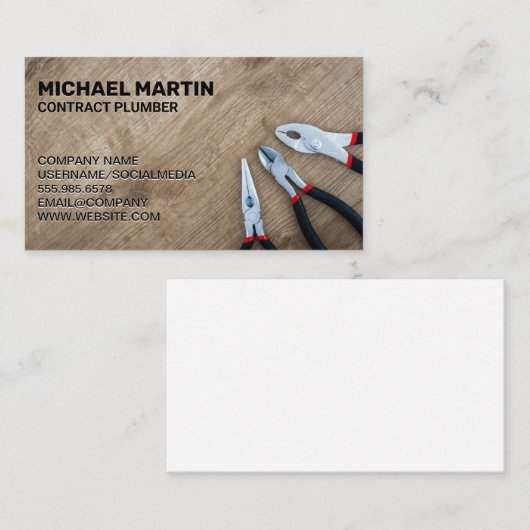 Carte De Visite Pliers sur table en bois (Devant / Derrière)