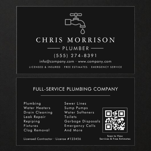 Carte de visite Plomberie Noir Argent QR Code