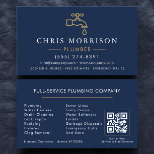 Carte De Visite Plombier Minimaliste Code QR Bleu Nuit Or