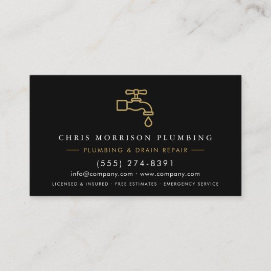 Carte De Visite Plumber Black & Gold Metallic QR Code (Devant)