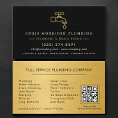 Carte De Visite Plumber Black & Gold Metallic QR Code
