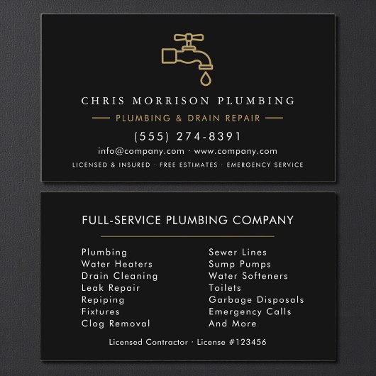 Carte De Visite Plumber Dark Elegant Black & Gold Minimalist