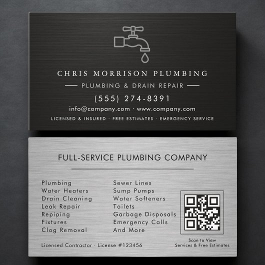 Carte De Visite Plumbing Company QR Code Silver Black Metallic 