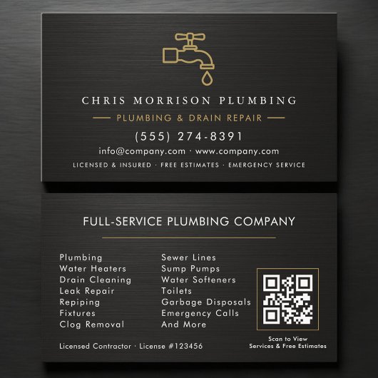 Carte De Visite Plumbing QR Code Metallic Black & Gold 