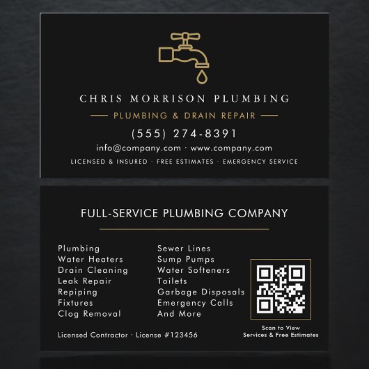 Carte De Visite Plumbing  Service Black & Gold QR Code