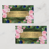 Carte De Visite Plumes de paon | Fleurs roses (Devant / Derrière)