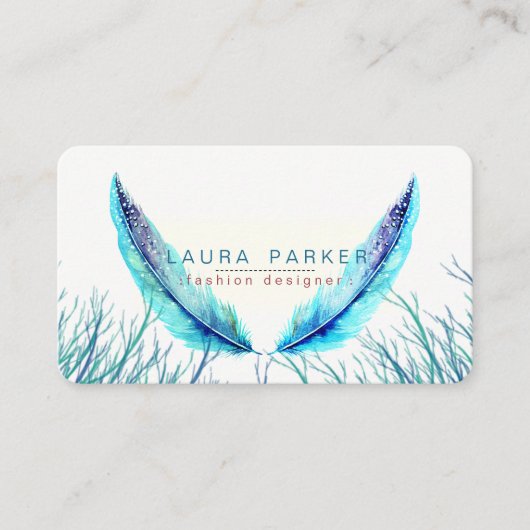 Carte De Visite Plumes turquoise Aquarelle Boho Plage Turquoise (Devant)