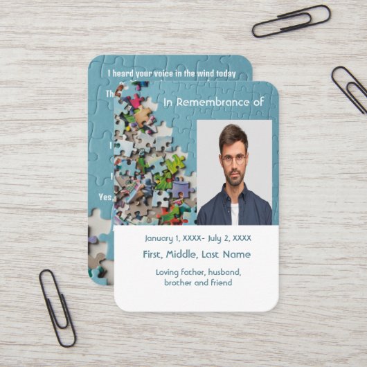 Carte De Visite Pocket Card Memorial Puzzle (Devant/Arrière en situation)