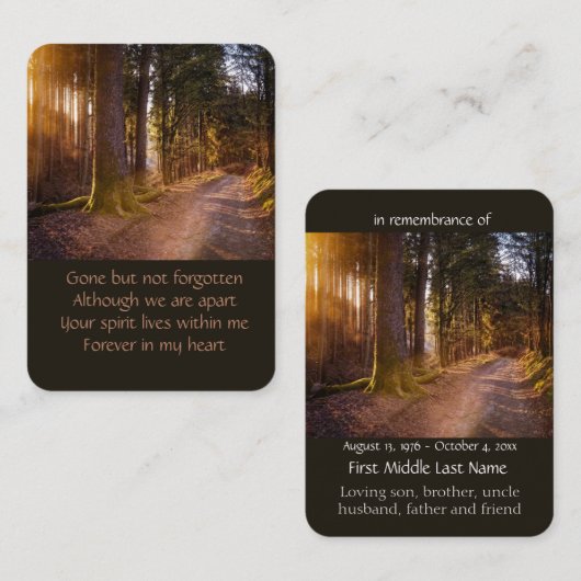 Carte De Visite Pocket Keepsaké Memorial Nature Path Trail Trees (Devant / Derrière)