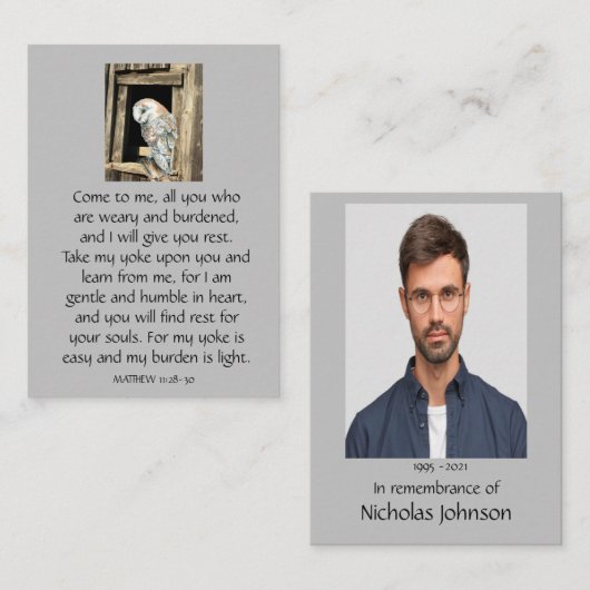 Carte De Visite Pocket Memorial Photo prière Barn Owl (Devant / Derrière)