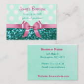 Carte De Visite Pointe Polka turquoise et blanche avec Bow rose et (Devant / Derrière)