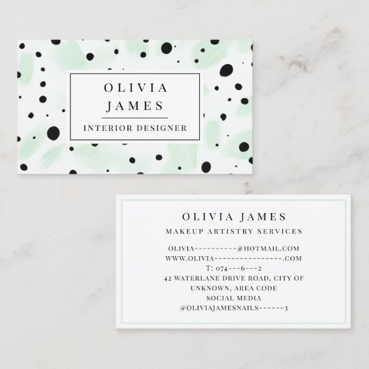 Carte De Visite Pois noir point Vert Aquarelle Splash Moderne (Devant / Derrière)