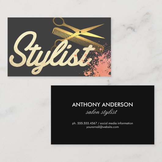 Carte De Visite Police Cursive | Ciseaux d'or | Créatif (Devant / Derrière)