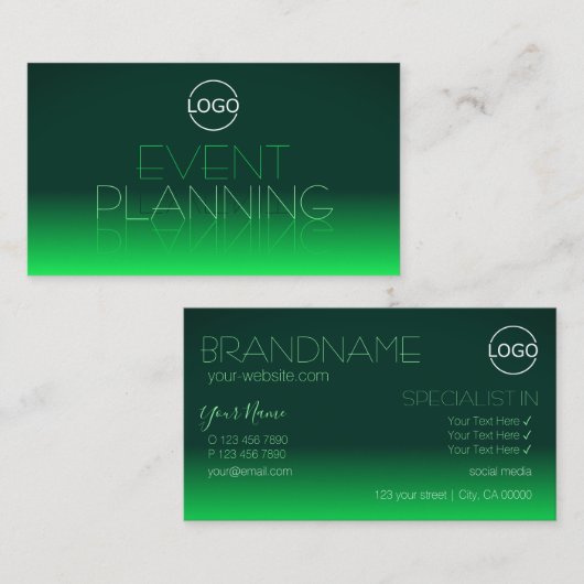 Carte De Visite Police de miroir moderne vert dégradé chic avec lo (Devant / Derrière)