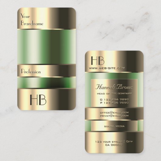 Carte De Visite Police d'engraving Gold Green Bin Faux avec initia (Devant / Derrière)