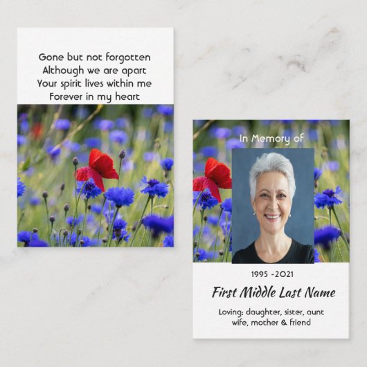 Carte De Visite Poppy Cornflower Meadow  Memorial Pocket Keepsake (Devant / Derrière)