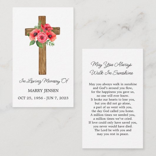Carte De Visite Poppy Cross Memorial Funeral Prayer Card (Devant / Derrière)