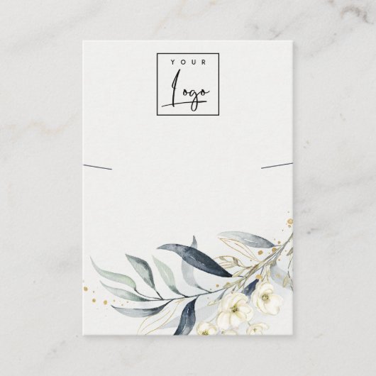 Carte De Visite Porte-collier de logo Botanique Feuille d'or bleu  (Devant)