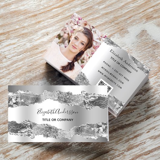 Carte De Visite Porte en métal argenté marbre QR code photo
