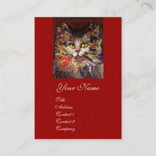 CARTE DE VISITE PORTRAIT DE CHATON KITTY BRUN BLANC AVEC RUBAN ROU