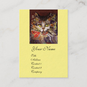 CARTE DE VISITE PORTRAIT DE CHATON KITTY BRUN BLANC AVEC RUBAN ROU