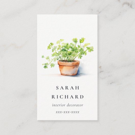 Carte De Visite Pot Herbe Persil Coriander Aquarelle Botanique (Devant)