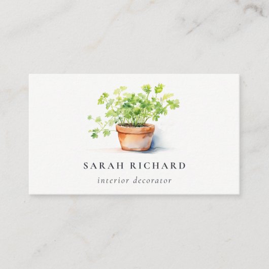 Carte De Visite Pot Herbe Persil Coriander Aquarelle Botanique (Devant)