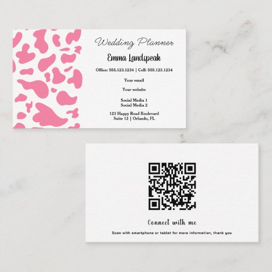 Carte De Visite Pots de vache rose et blanc, code QR (Devant / Derrière)