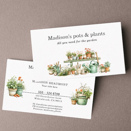 Carte De Visite Pots d'outils de jardin et aquarelle plante