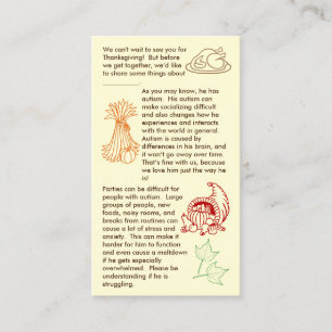 Carte de visite pour garçon autiste à Thanksgiving