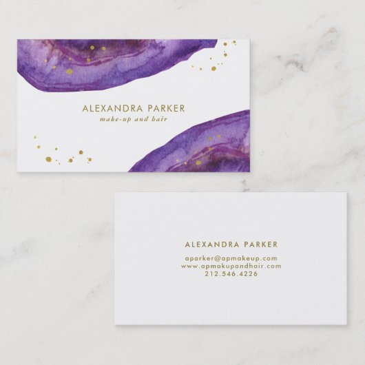 Carte De Visite Pourpre d'aquarelle et or Geode de Faux (Devant / Derrière)