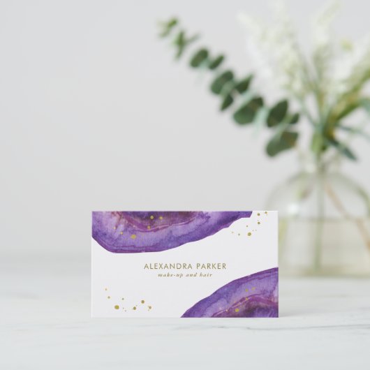 Carte De Visite Pourpre d'aquarelle et or Geode de Faux (Debout devant)