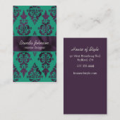 Carte de visite pourpre et vert élégant de damassé (Devant / Derrière)