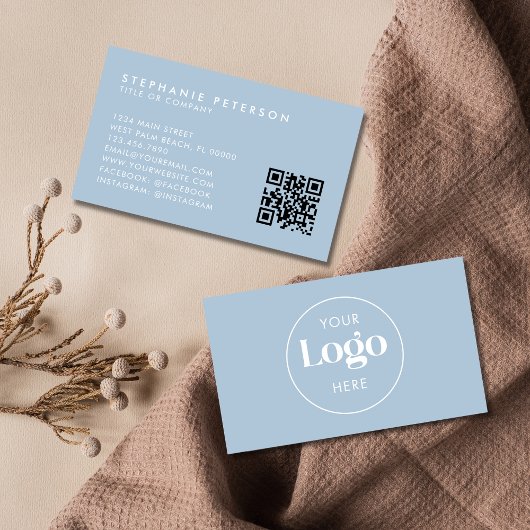 Carte De Visite Powder Blue Elegant Custom Company Logo QR Code