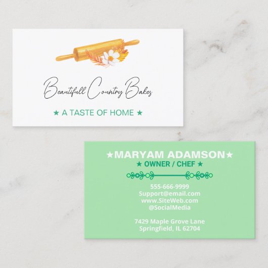 Carte De Visite Premade Rolling Pin Logo | White Mint Green Bakery (Devant / Derrière)