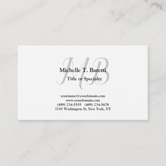 Carte De Visite Premium Lin Modern Grey Monogram Blanc (Devant)