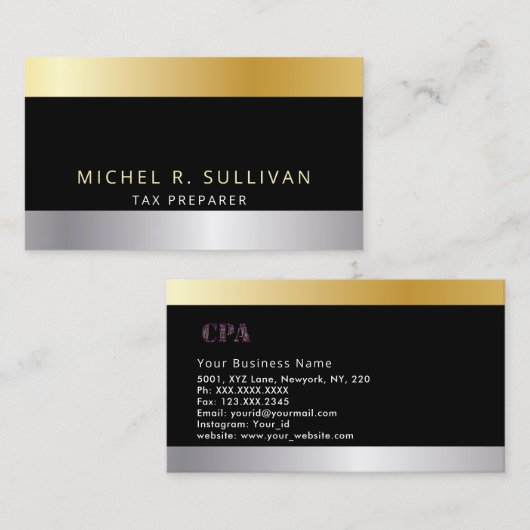Carte De Visite Préparateur fiscal Elegant Or argent noir (Devant / Derrière)
