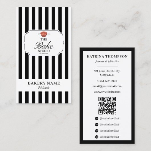Carte De Visite Preppy Black White Stripes Bakery Logo QR Code (Devant / Derrière)