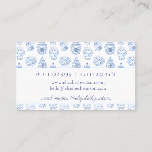 Carte De Visite Préppy Bleu Et Blanc Ginger Jar (Dos)
