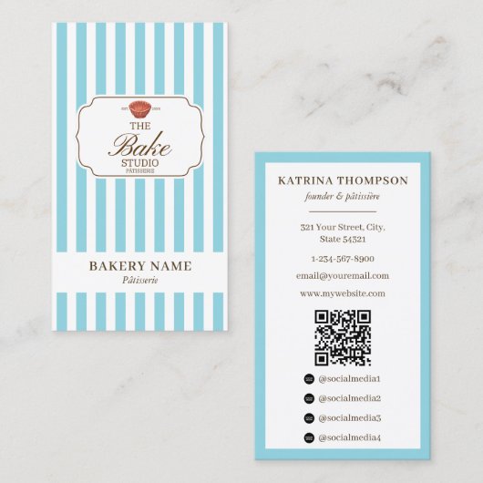 Carte De Visite Preppy Brown & Blue Stripes Bakery Logo QR Code (Devant / Derrière)