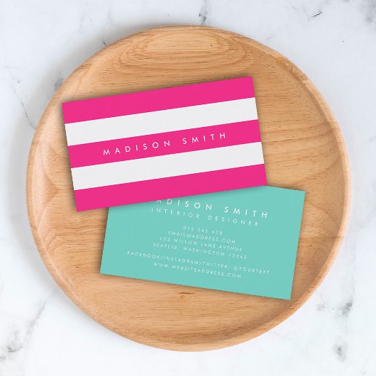 Carte De Visite Preppy Chic rose et blanc rayures avec turquoise