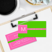 Carte De Visite Preppy Monogram Rose et Lime Green Professionnel
