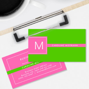 Carte De Visite Preppy Monogram Rose et Lime Green Professionnel