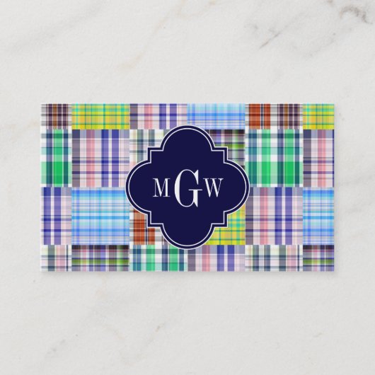 Carte De Visite Preppy Patchwork Madras Navy Quatrefoil Monogramme (Devant)